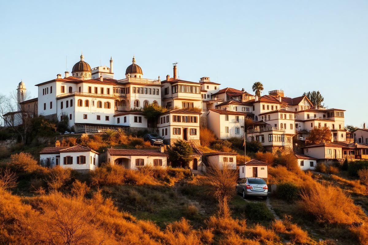 White Ottoman-era houses on a hillside in Berat in evening light