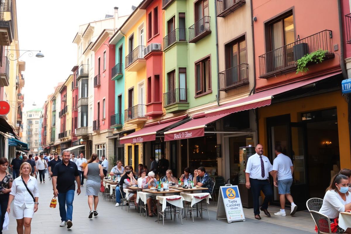 Colourful buildings and a busy café street in Tirana during the day