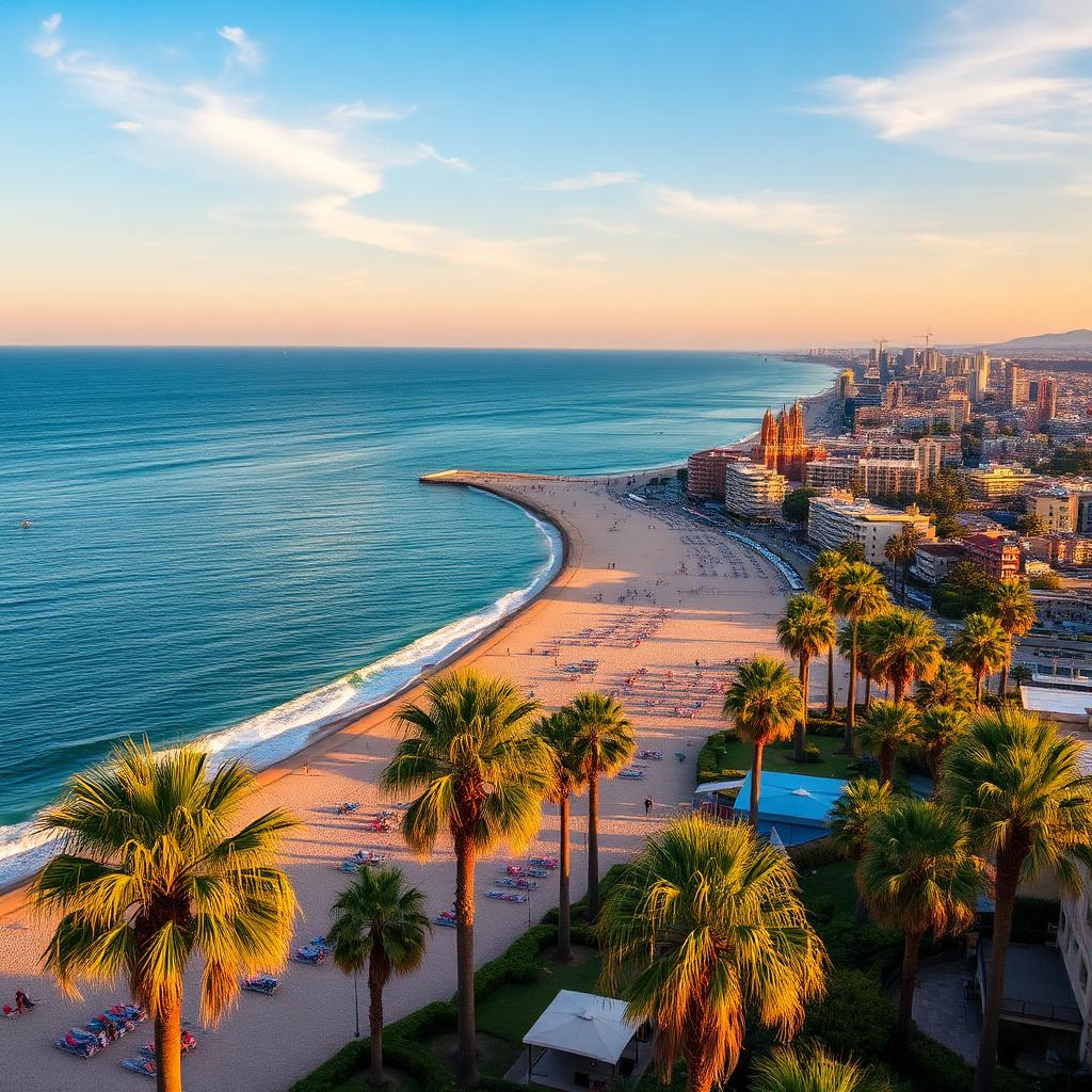 Aerial view of Barceloneta with palms and the Mediterranean coast