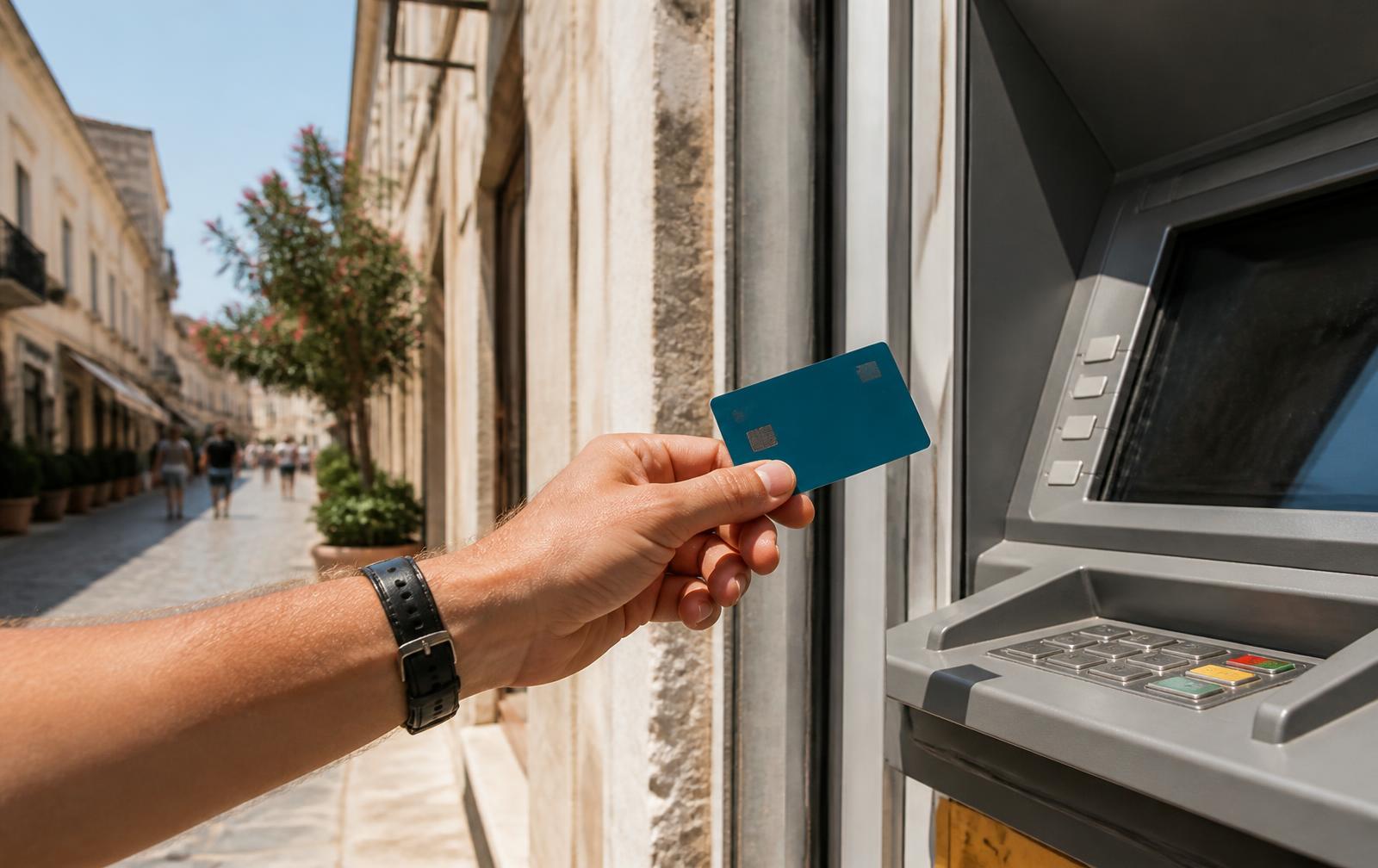 Traveller withdrawing cash from an ATM on a sunny southern European street