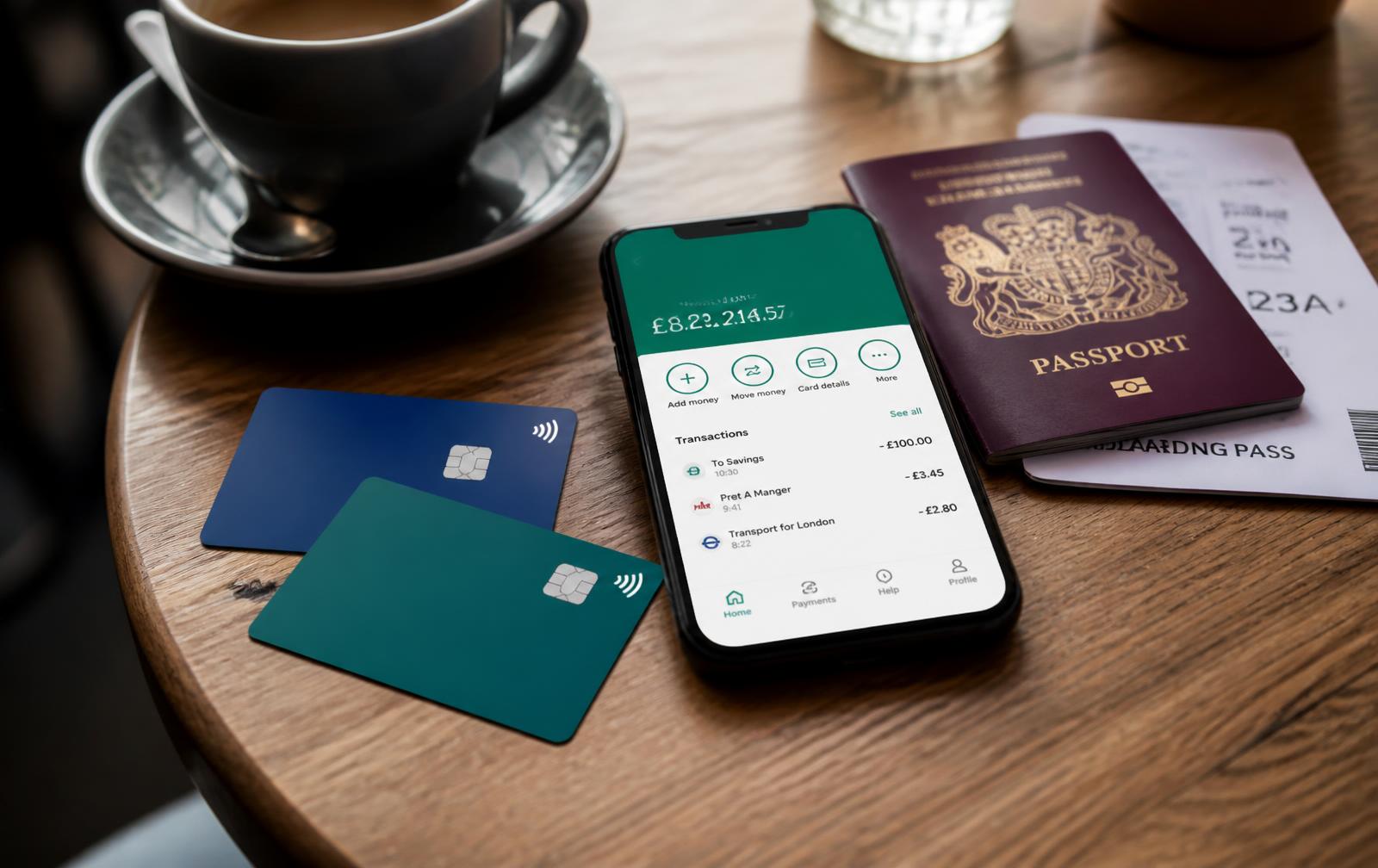 Two travel cards, a phone showing a banking app and a passport on a café table — Revolut vs Wise 2026