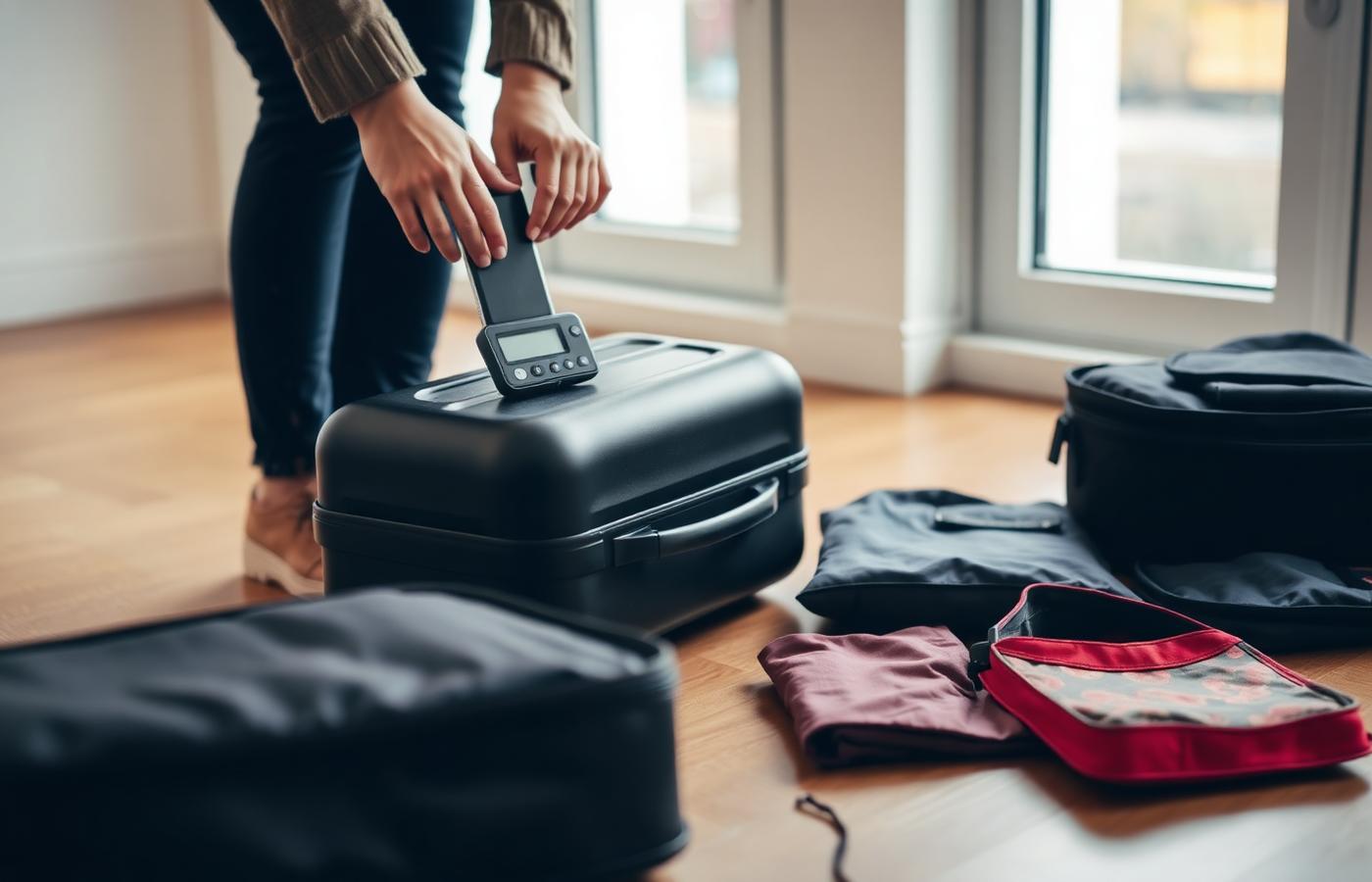 Weighing a carry-on suitcase at home with packing cubes