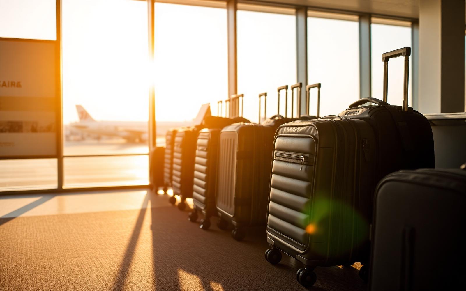 Carry-on suitcases at an airport gate at sunset — carry-on size guide 2026