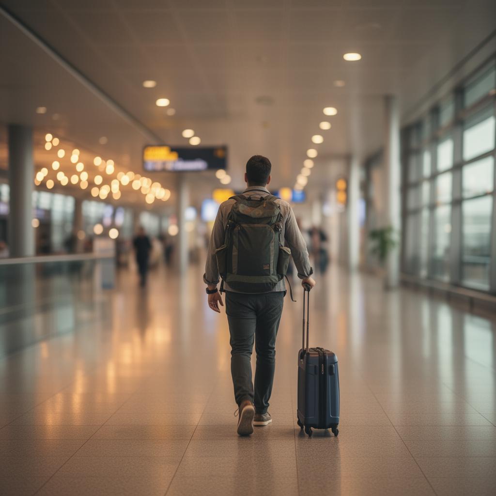 Traveller with luggage in a terminal