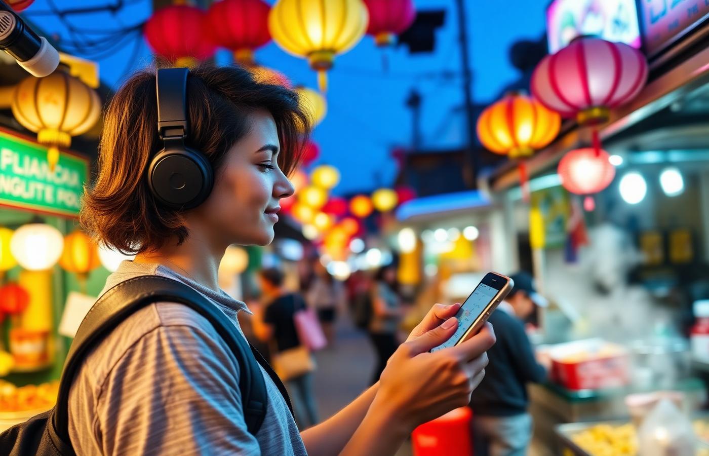 Traveler using a phone at a street food market on eSIM data