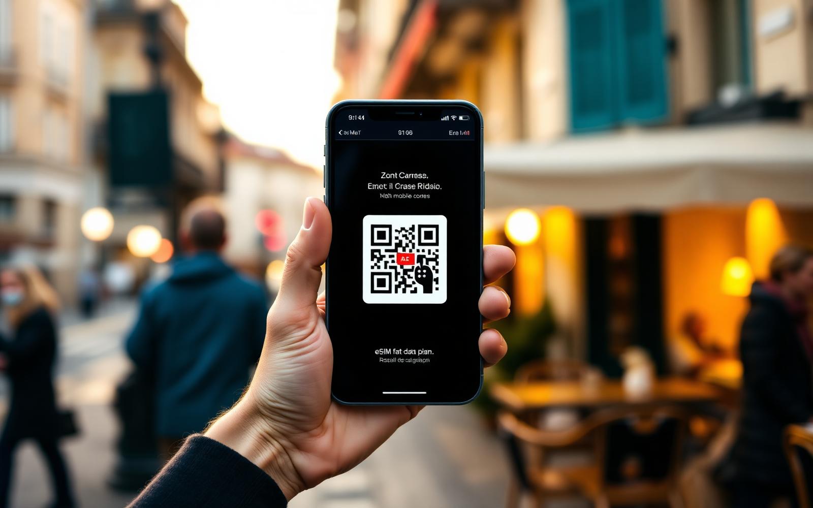 Phone displaying an eSIM QR code at a European street café — best eSIM for travel 2026