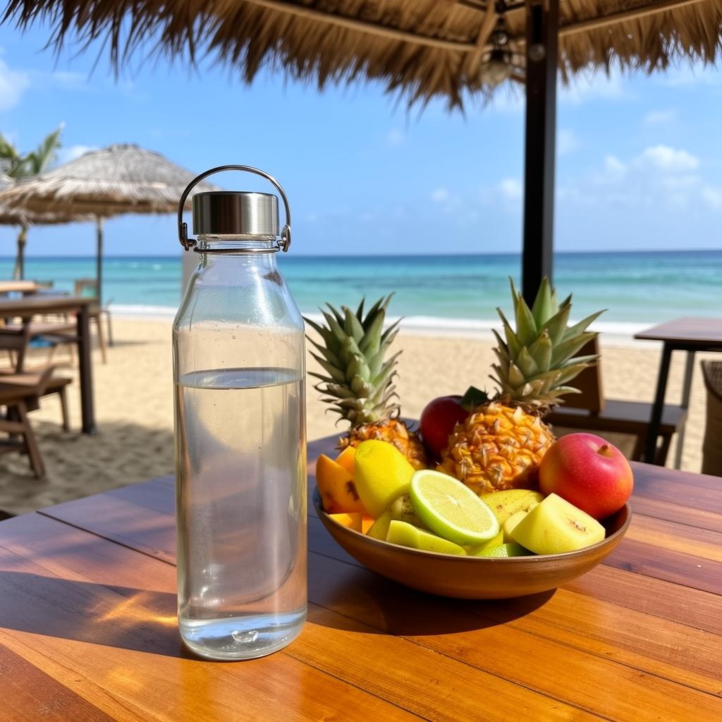 Water bottle and fresh fruit at a beach cafe