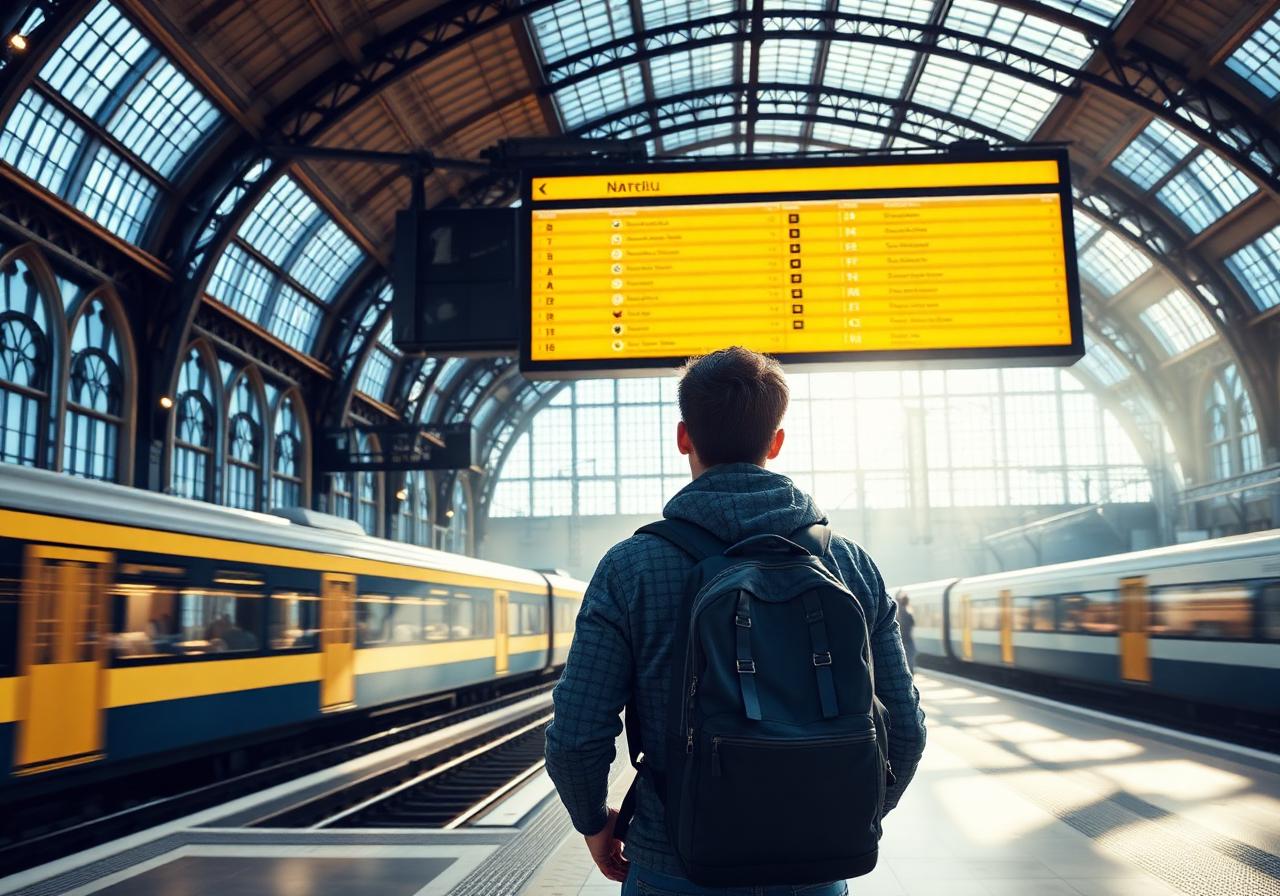 Backpacker at a European train station reading the departure board