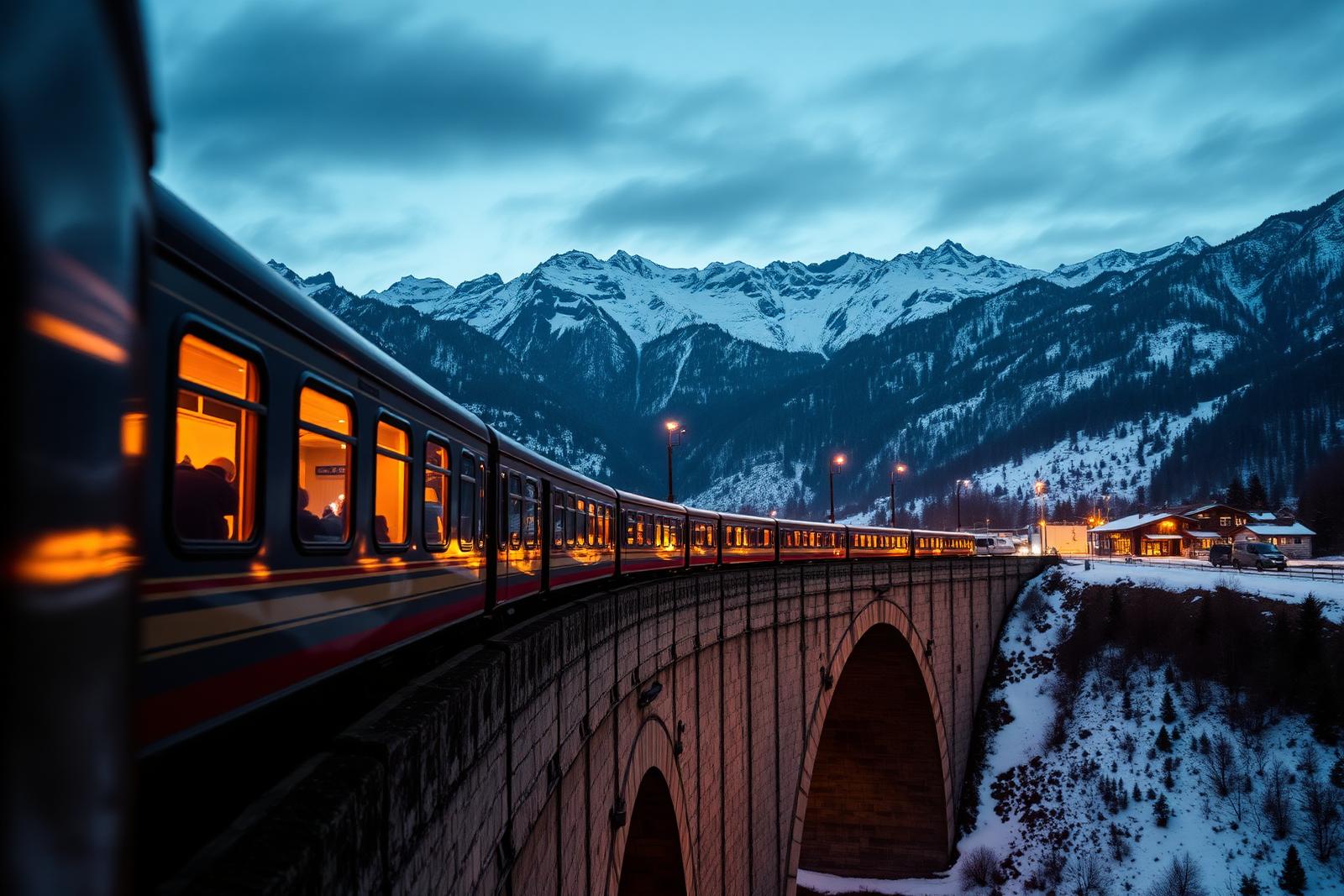 Night train on an alpine viaduct at dusk — Interrail guide 2026