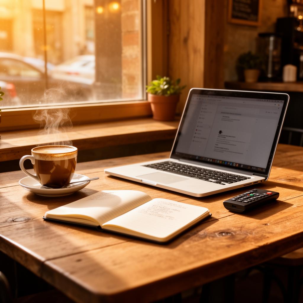 Laptop and coffee at a cafe table