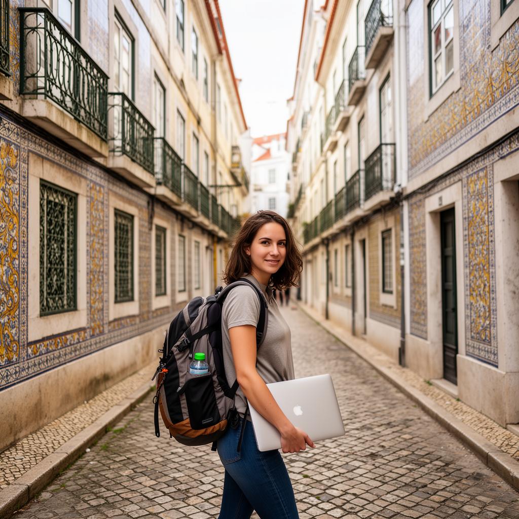 Nomad with a backpack in Lisbon old town