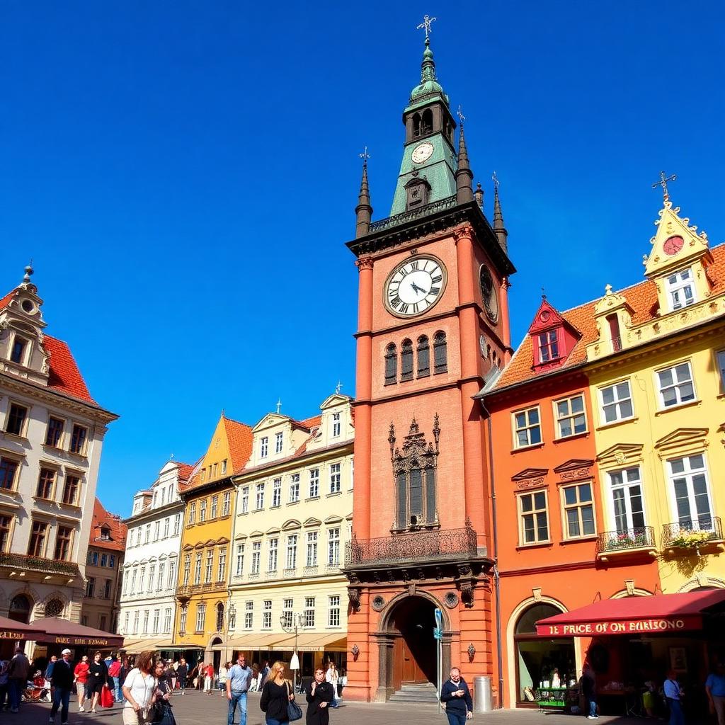 The Astronomical Clock and colorful houses on Old Town Square in Prague