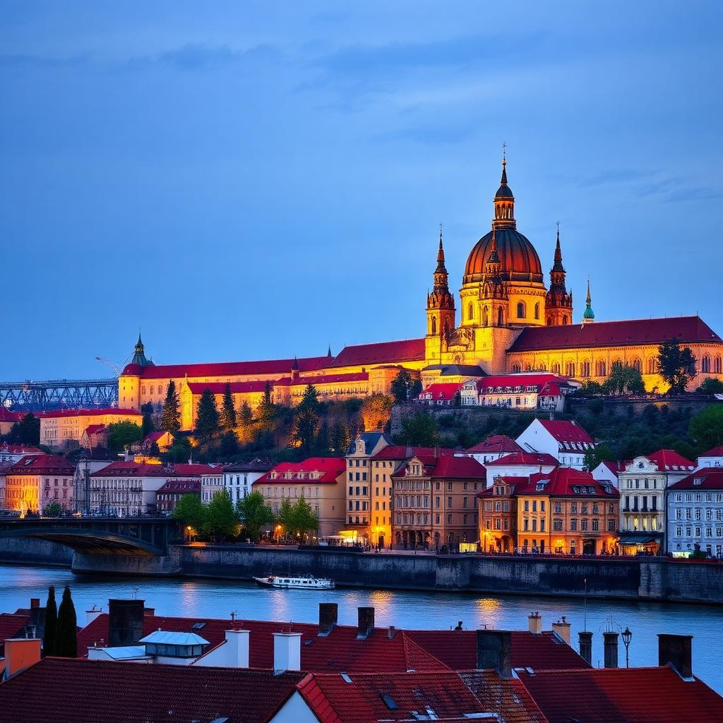 Prague Castle and St Vitus Cathedral illuminated at dusk above the river