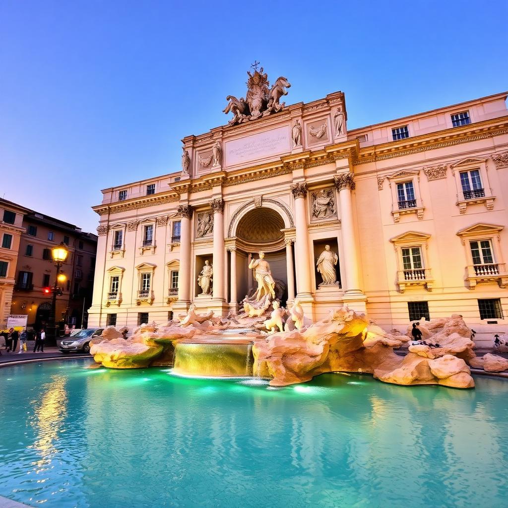 Trevi Fountain in Rome with turquoise water at evening