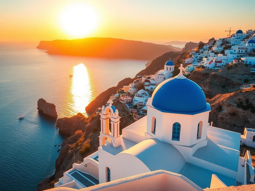 Santorini's blue-domed church at sunset