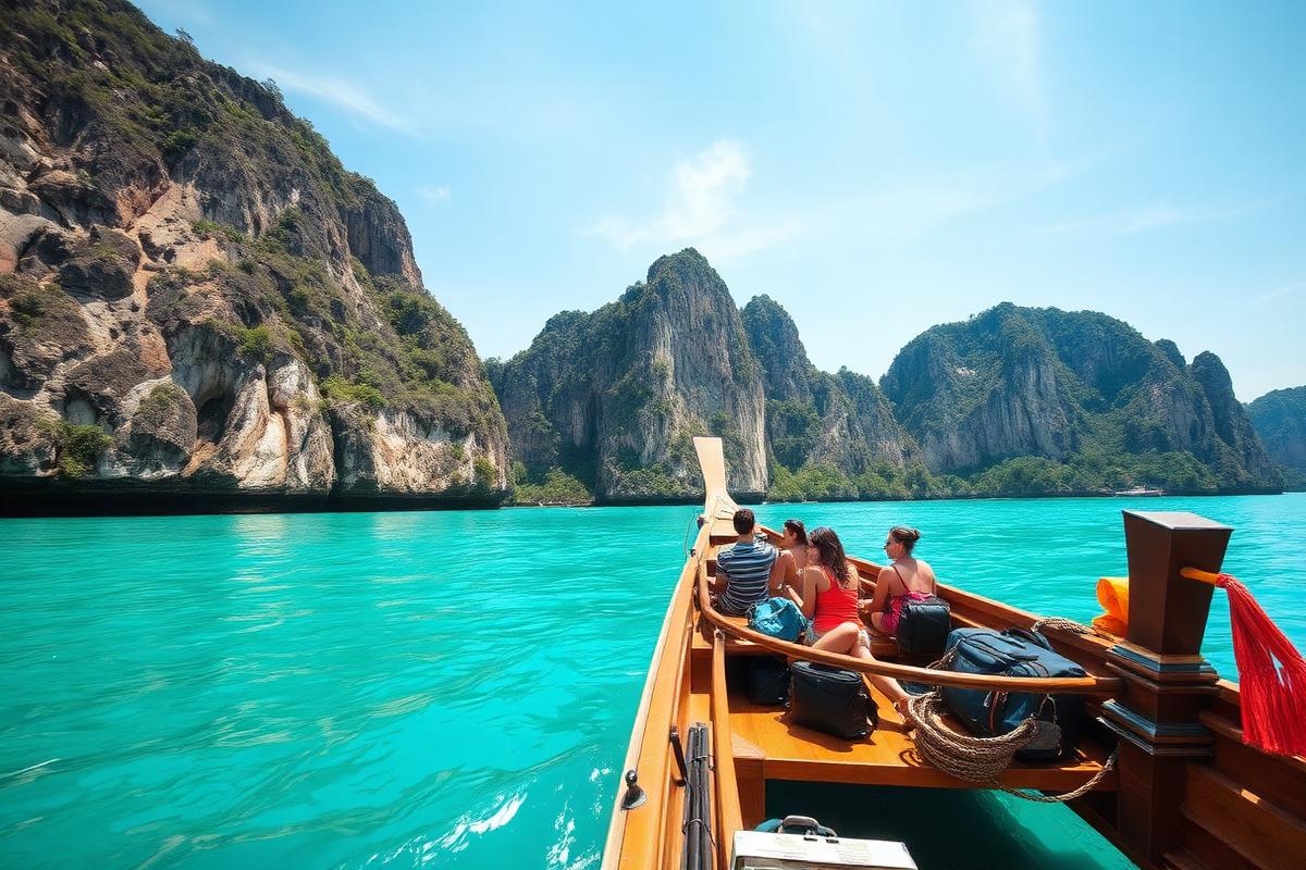 Longtail boat on turquoise water below limestone cliffs in southern Thailand