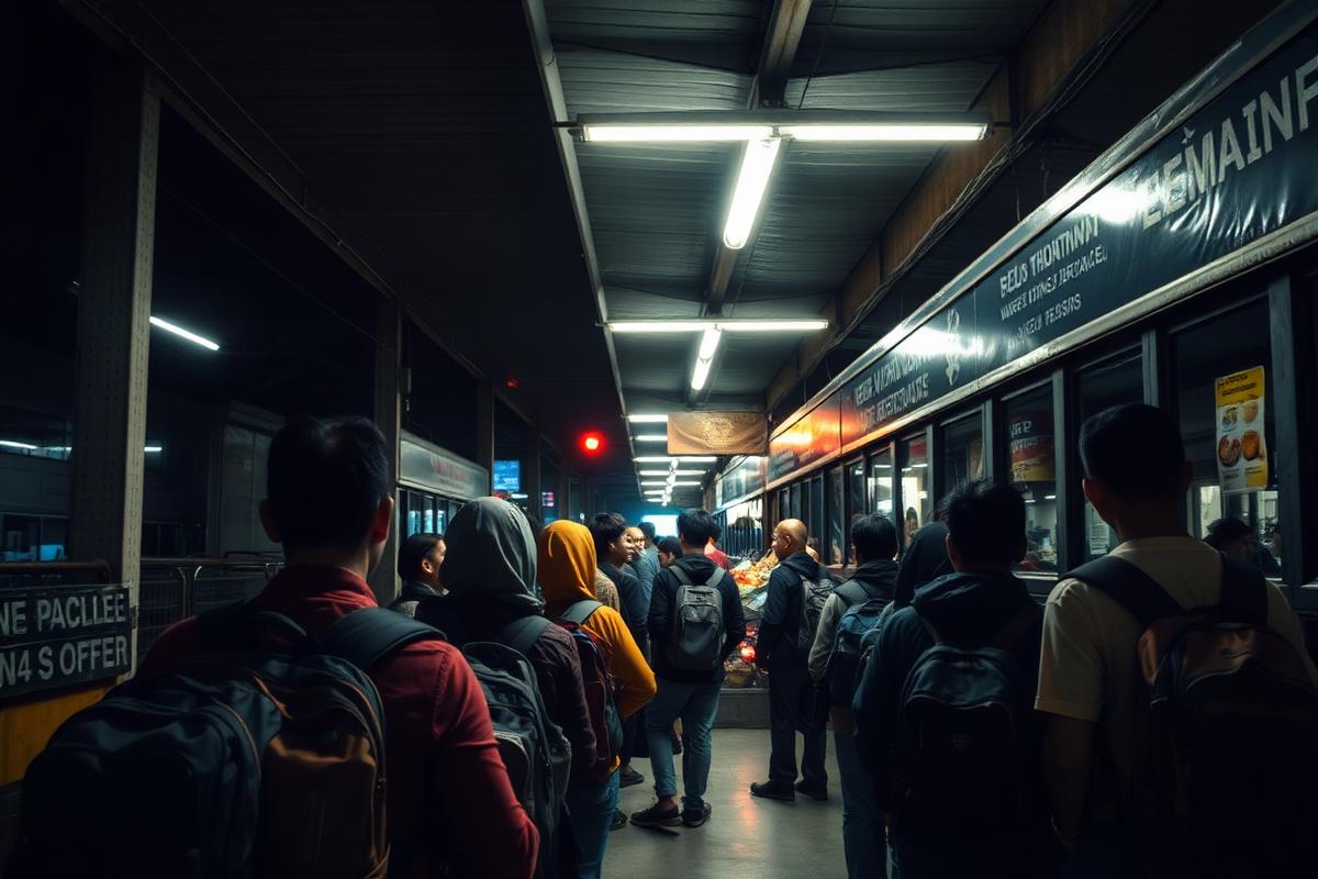 Backpackers waiting for a night bus at a Vietnamese bus station
