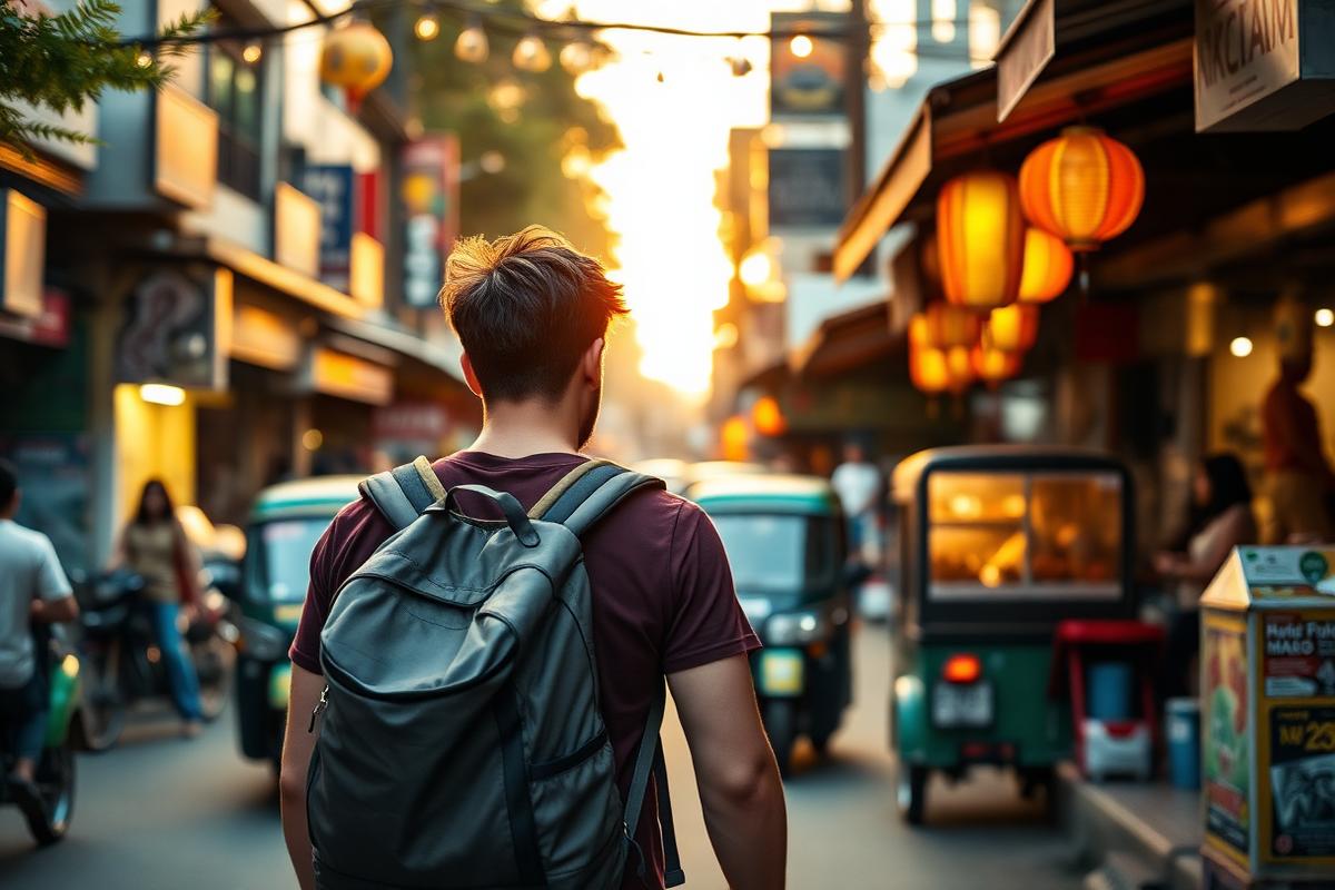 Backpacker walking through a Southeast Asian street market at sunset — backpacking Southeast Asia