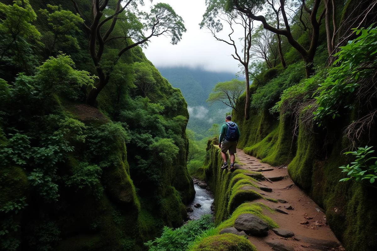 Hiker on a narrow levada path through lush laurel forest on Madeira
