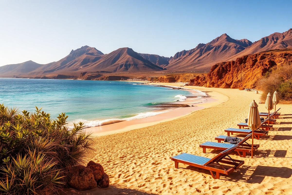 Sandy beach and turquoise sea on Tenerife's south coast below volcanic hills