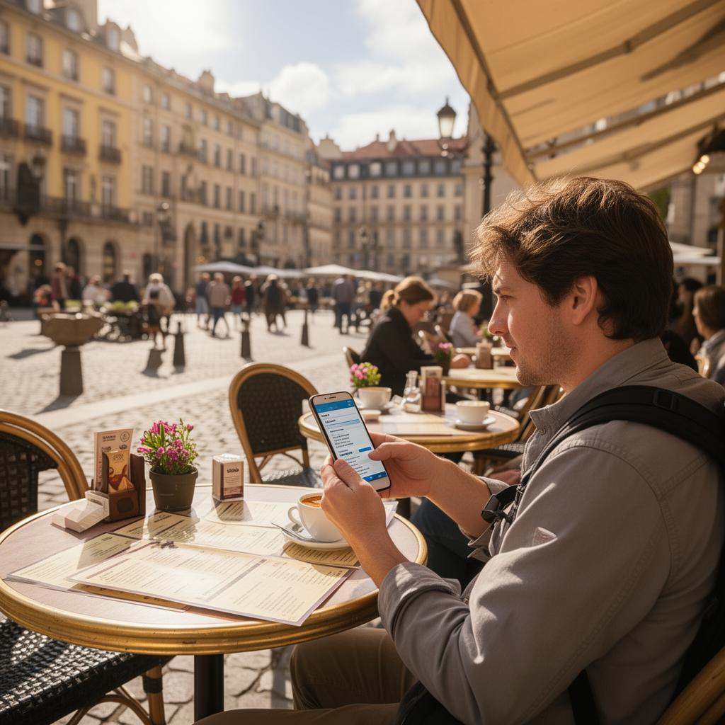 Traveller translates a menu with a phone in a cafe