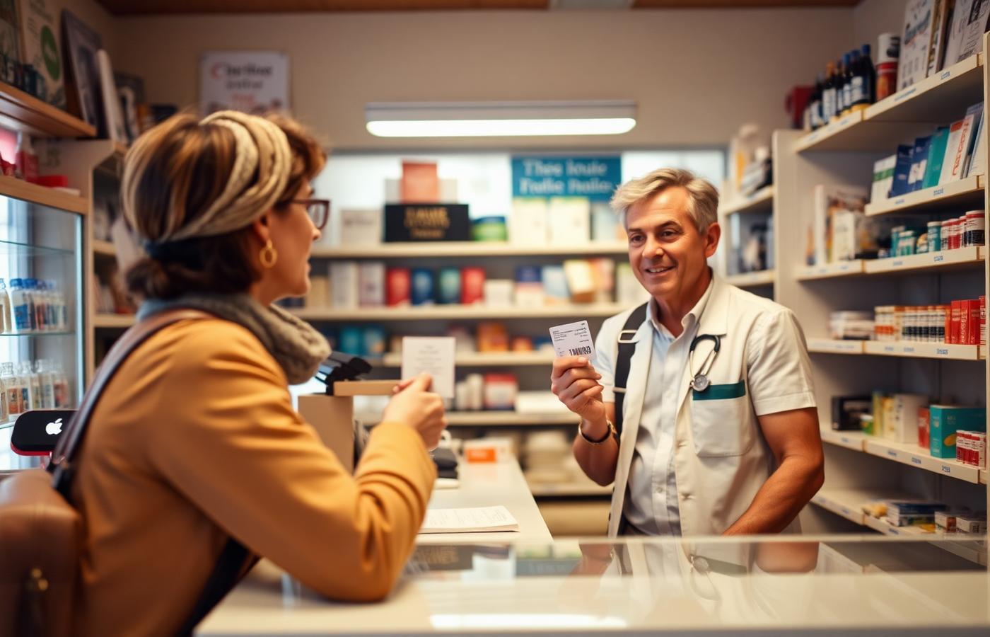 Traveler showing an insurance card at a pharmacy abroad