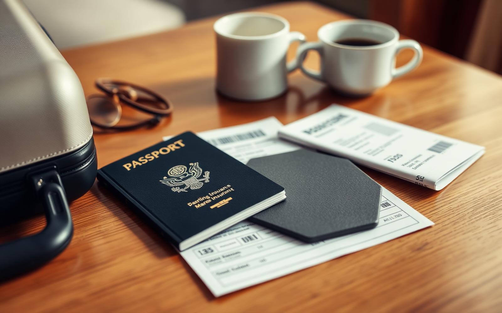 Passport, boarding pass and travel insurance documents on a wooden table — travel insurance 2026