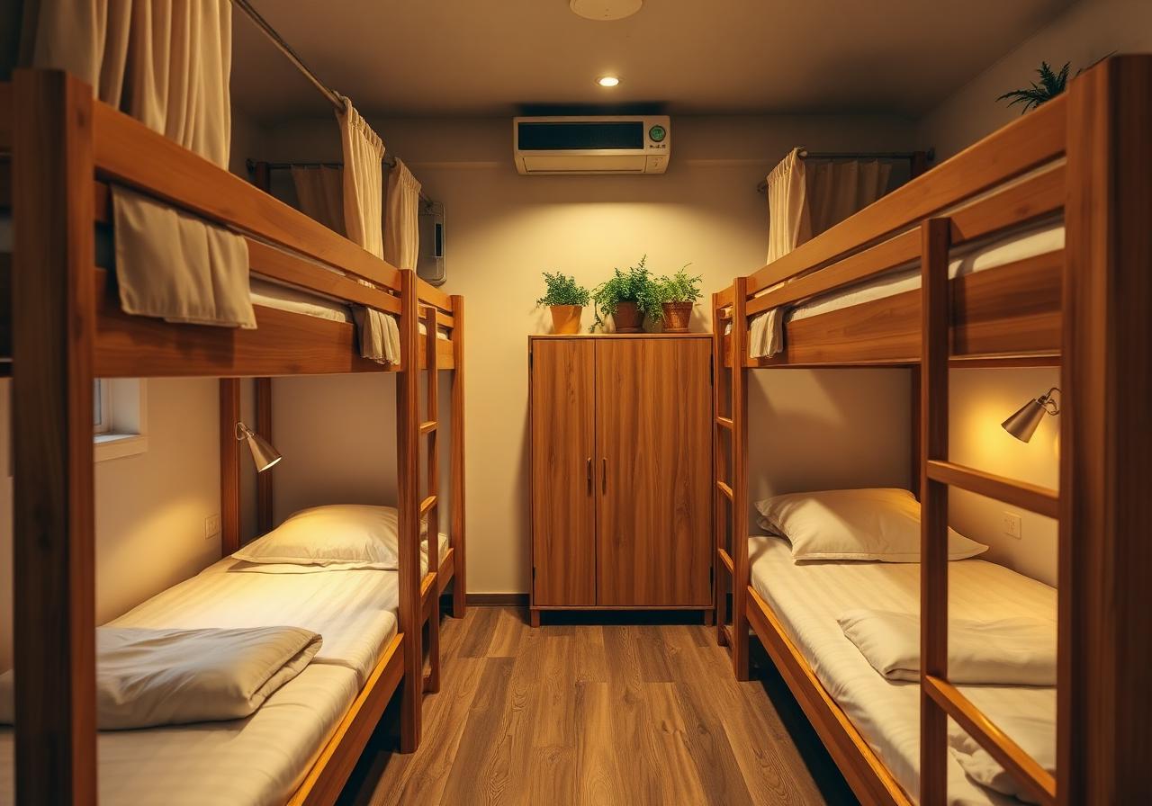 Female solo traveler in a hostel common area