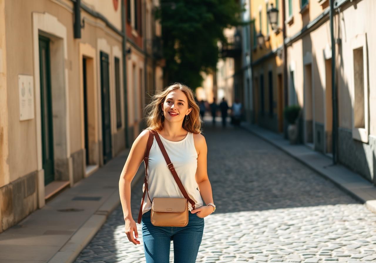 Female solo traveler exploring a city in daylight