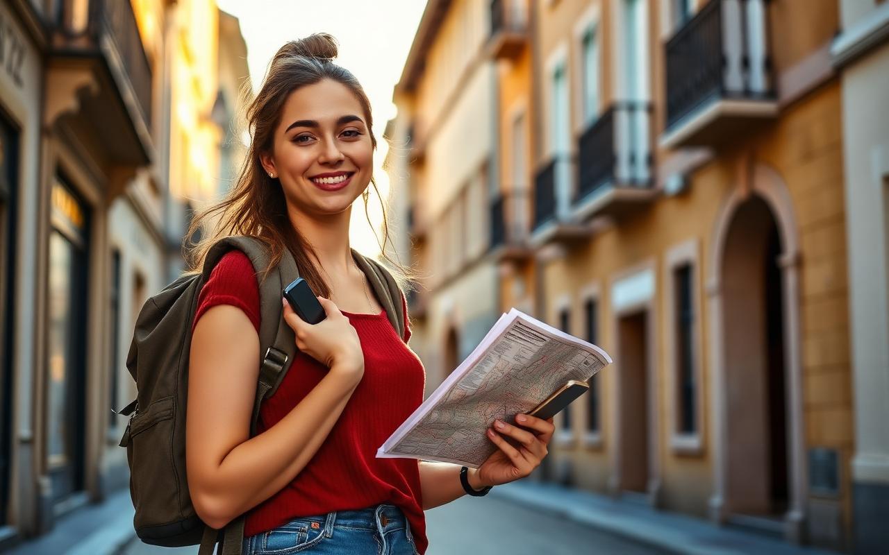 Smiling female solo traveler with backpack on a European old town street — female solo traveler safety guide